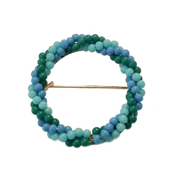 RARE 1920S Blue and Green Beaded Wreath Brooch - Picture 3 of 11